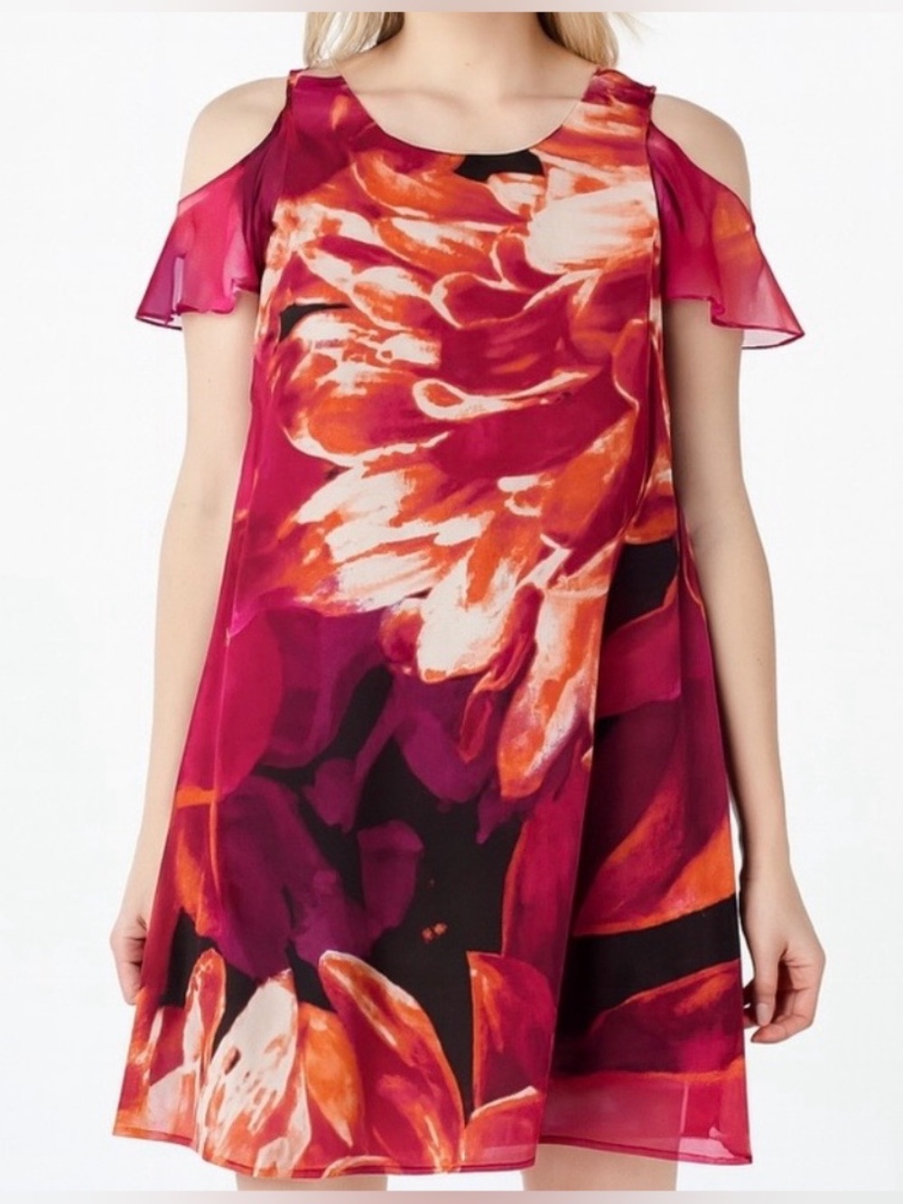 🌺 Kensie “Fuo” Cold Shoulder Floral Print mini Dress – Pink/Orange SIZE 6 EUC